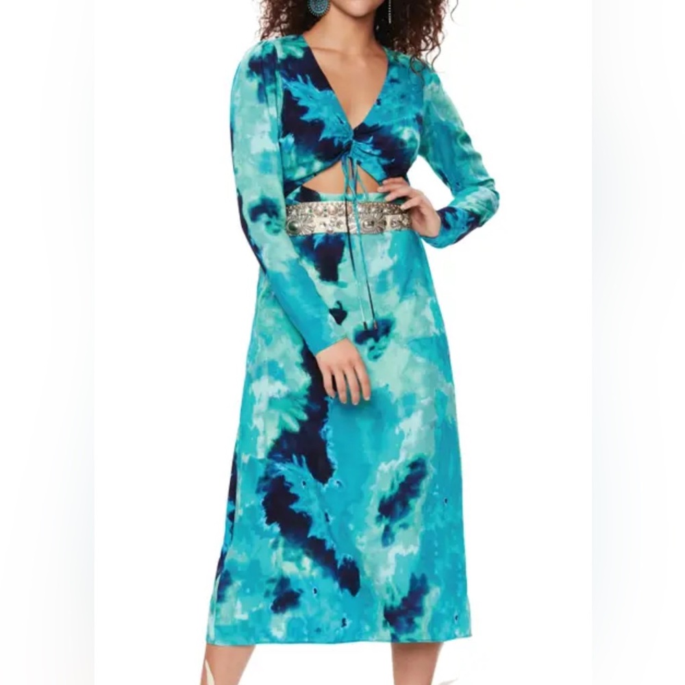 AFRM Carlo Cinch Front Midi Dress V Neck Long Sleeves Tie Dye, Size Medium